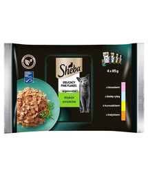 SHEBA Fine Flakes in Jelly cibo umido per gatti in gelatina con pesce bianco, salmone, tacchino e pollo 4 x 85g