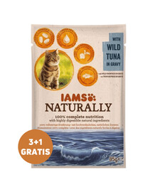 IAMS Naturally Adult Cat med vild tonfisk i sås tonfisk i sås 3 x 85 g + 1 GRATIS