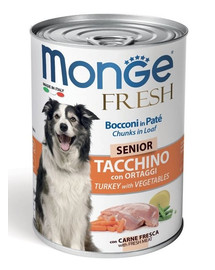 MONGE Fresh - Morceaux de dinde et légumes en pâtée pour chiens âgés - 400g