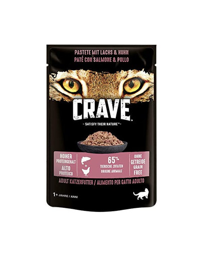 CRAVE Sachet 24 x 85g pâté de saumon et de poulet (sans céréales pour les chats adultes)