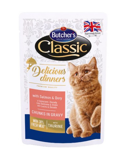 BUTCHER'S Classic Delicious Dinners avec saumon et daurade en sauce 100 g