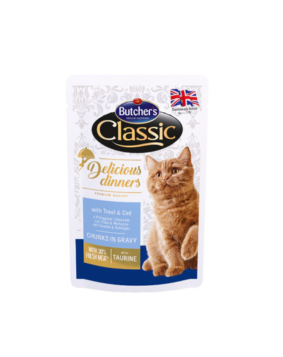 BUTCHER'S Classic Delicious Dinners avec truite et morue en sauce 24 x 100 g