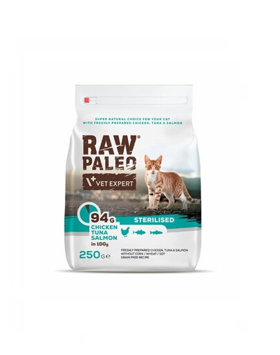 VETEXPERT Raw Paleo Sterilised Chicken&Tuna&Salmon dla kotów kastrowanych 250 g