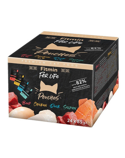 FITMIN For Life Cat Pouch Multipack 24x85g con manzo, anatra, pollo e salmone in salsa