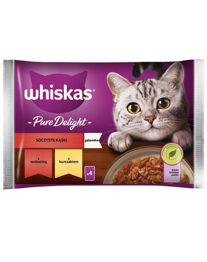 WHISKAS Adult Bustina 52 x 85g Juicy Bites cibo umido per gatti in pezzi con manzo e pollo