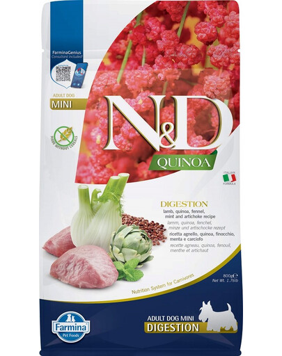 FARMINA N&D Quinoa Dog Adult Mini Digestion Grain Free jagnięcina, quinoa, fenkuł włoski i karczoch 800g