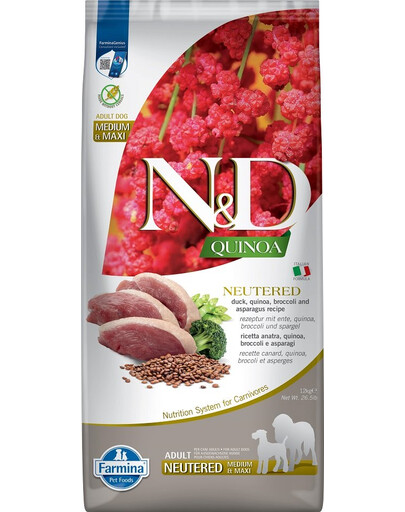 FARMINA N&D Quinoa Adult Madium & Maxi Neutred Duck, Broccoli & Asparagus 12 kg