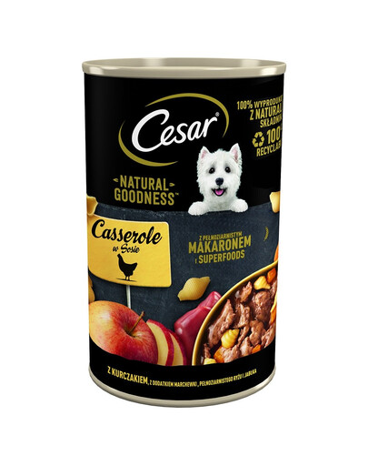 CESAR Puszka w sosie 400g z kurczakiem, z dodatkiem marchewki, pełnoziarnistego makaronu i jabłka