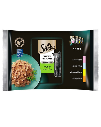SHEBA Fine Flakes in Jelly cibo umido per gatti in gelatina con pesce bianco, salmone, tacchino e pollo 4 x 85g