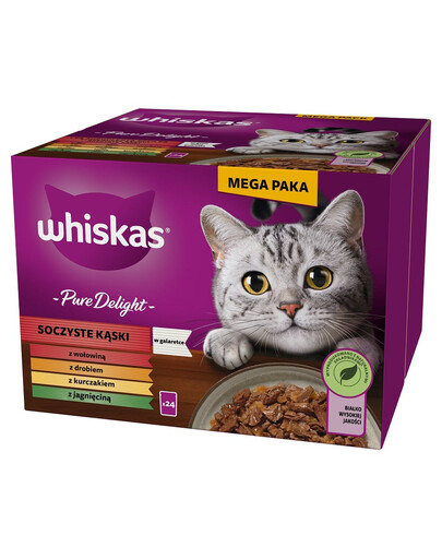 Adult Pure Delight Soczyste Kąski w galaretce 24x85 g kawałki z wołowiną, kurczakiem, jagnięciną, drobiem dla dorosłych kotów
