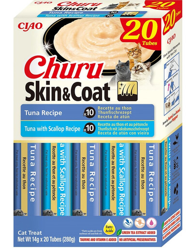 INABA Churu Cat Skin Coat 20x14g tonfisk, tonfisk och kammussla krämig godbit för katt