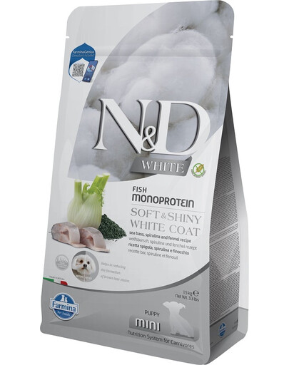 N&D White Dog Puppy Mini Sea Bass, Spirulina, Fennel 1,5 kg