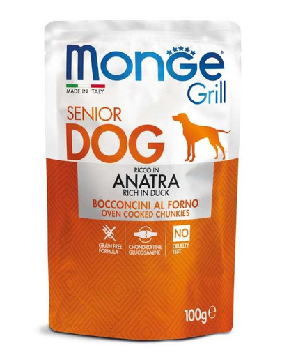 MONGE Grill Dog Senior - Croquettes de canard grillé sans céréales pour chiens âgés - 100 g