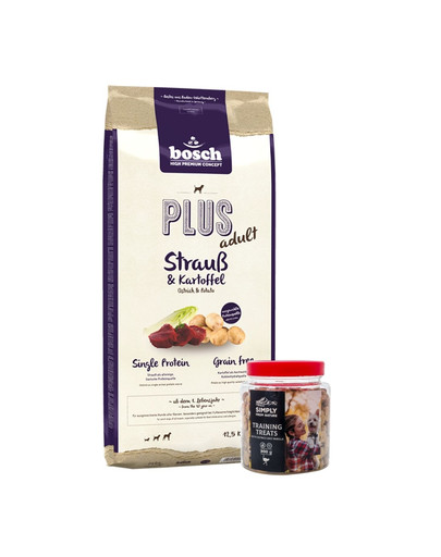 BOSCH Plus Struś & Ziemniak 12,5 kg + przysmaki treningowe ze strusiem 300 g